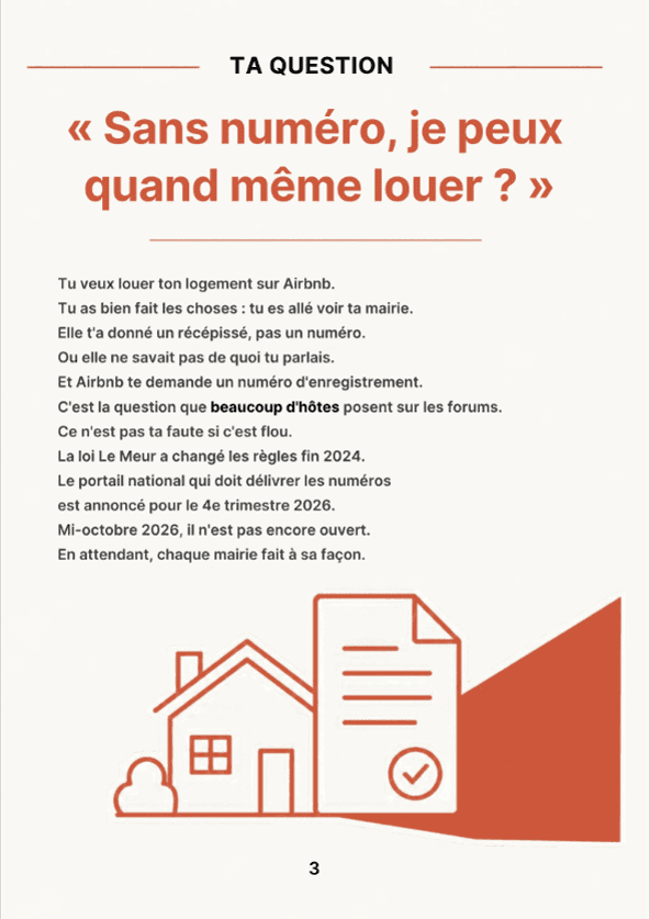 Page « Ta question » du guide : « Sans numéro, je peux quand même louer ? », avec le contexte de la loi Le Meur.